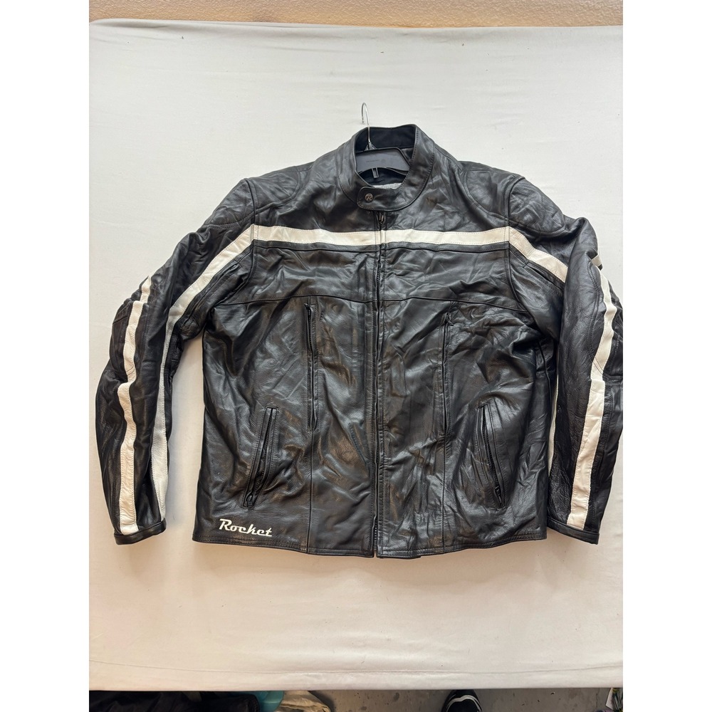 Joe Rocket Mens XXL Black Leather Motorcycle Jacket White Racing Stripe Padded